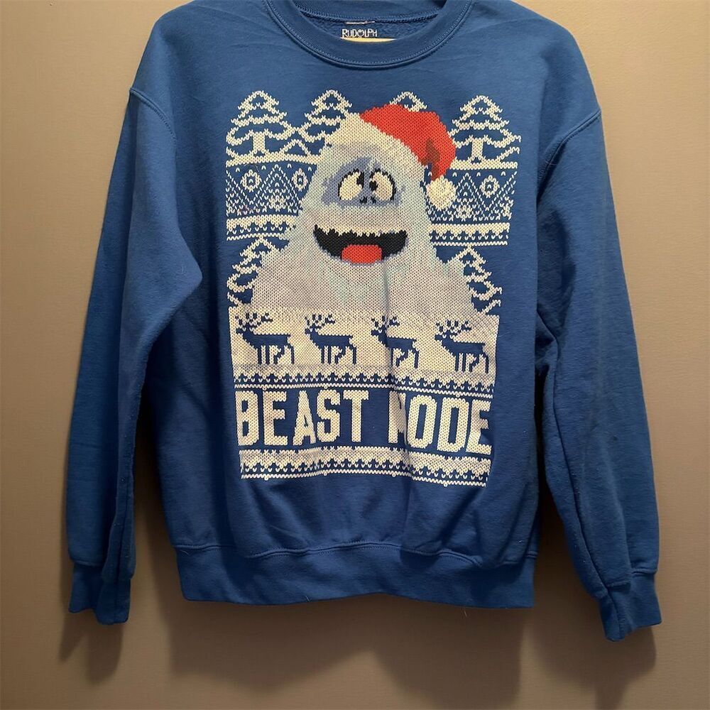 Rudolph Men's Blue "Beast Mode" Graphic Holiday Sweatshirt Size M